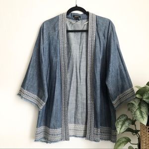 FOREVER 21 Chambray Embroidered Frayed Kimono